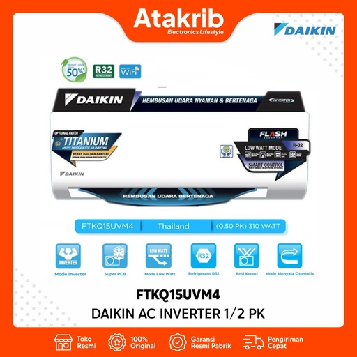 DAIKIN AC INVERTER 1/2 PK FTKQ15UVM4